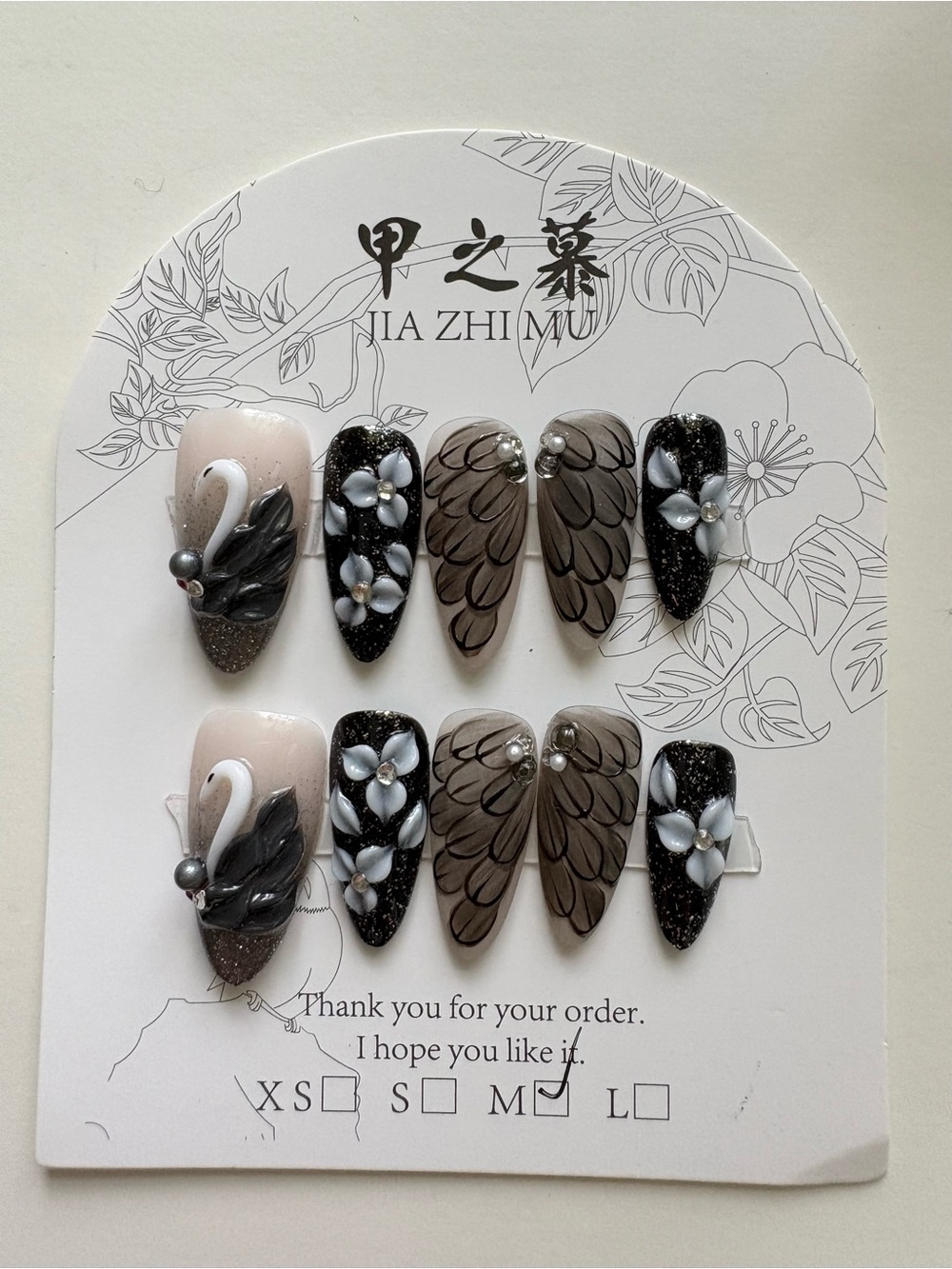 Handmade Black Swan Press On Nails 3D Floral Rhinestone Gothic Wing False Nails